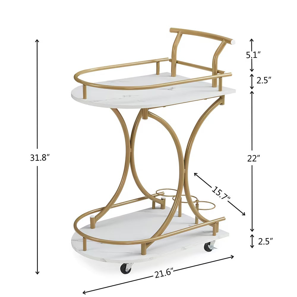 2-Tier Gold Bar Cart with Wine Rack & Glass Holder