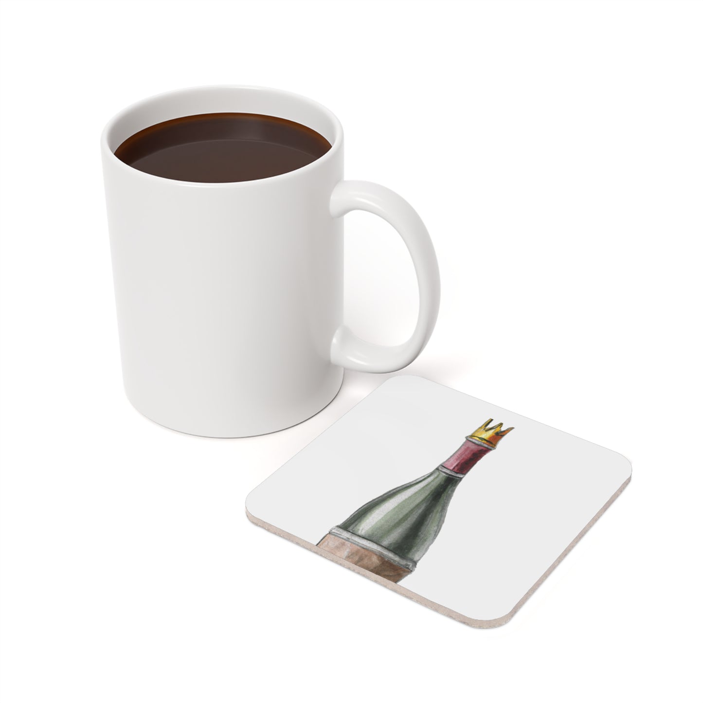 Wine Bottle cork-back coaster — lifestyle with mug