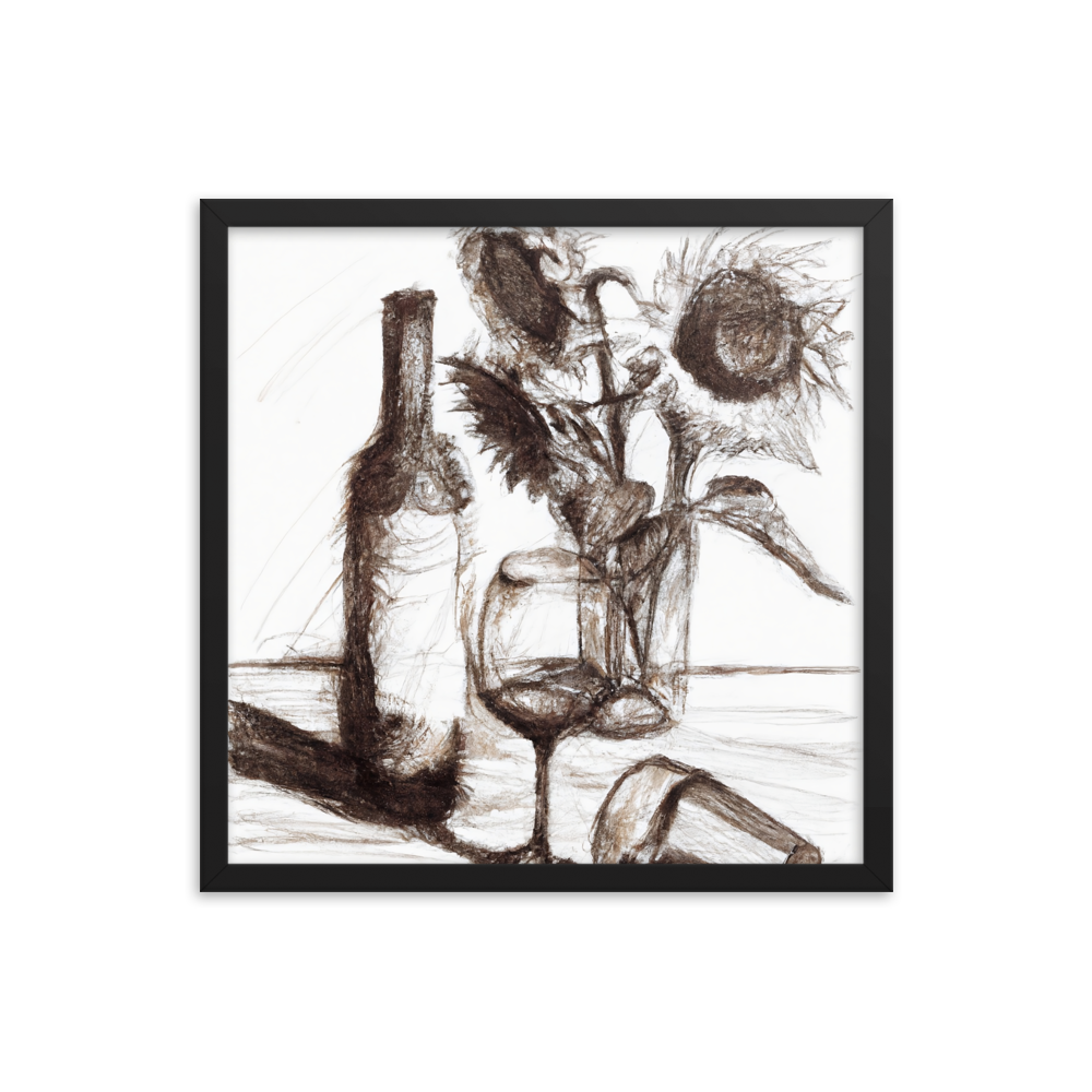 Still Life in Ink framed wine art print in a black frame, included in the retirement bundle