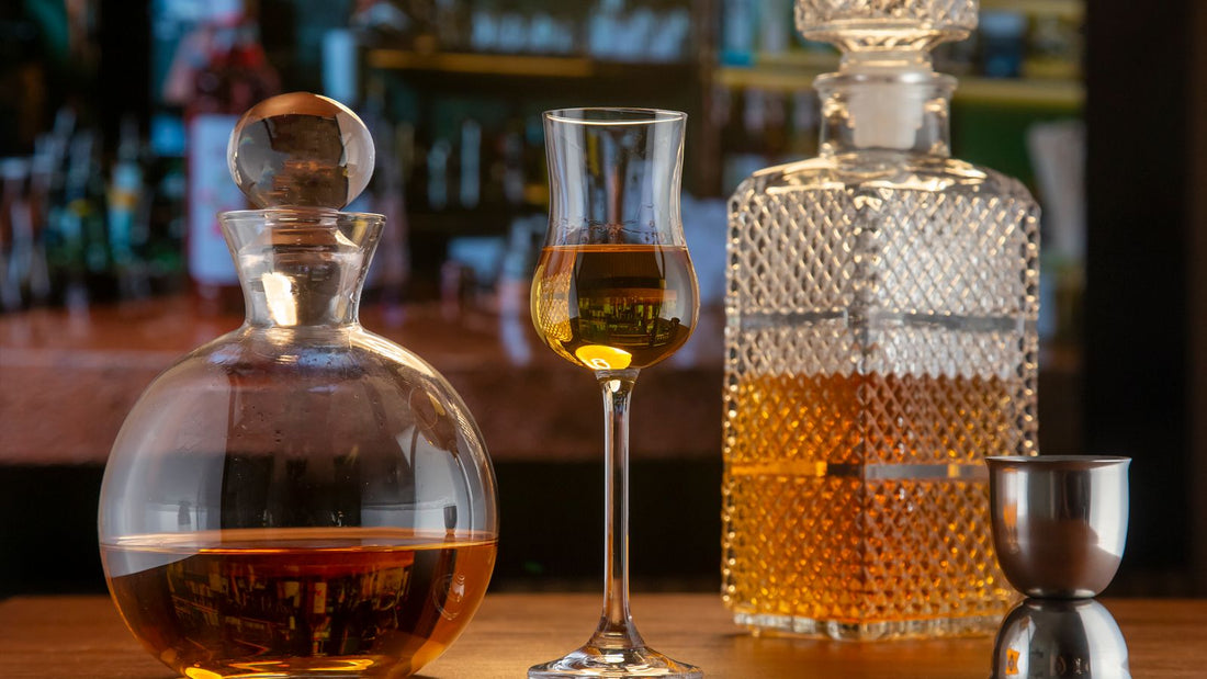 Crystal decanters and glassware arranged on a wooden home bar table