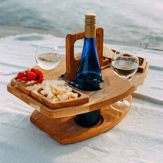 Carved fir wood wine picnic tray with bottle and glass holder slots