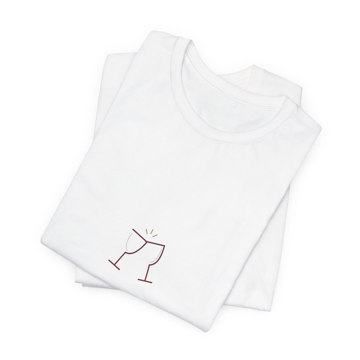 Folded white couple tee showing a close-up of the wine-colored Pour Decisions lettering