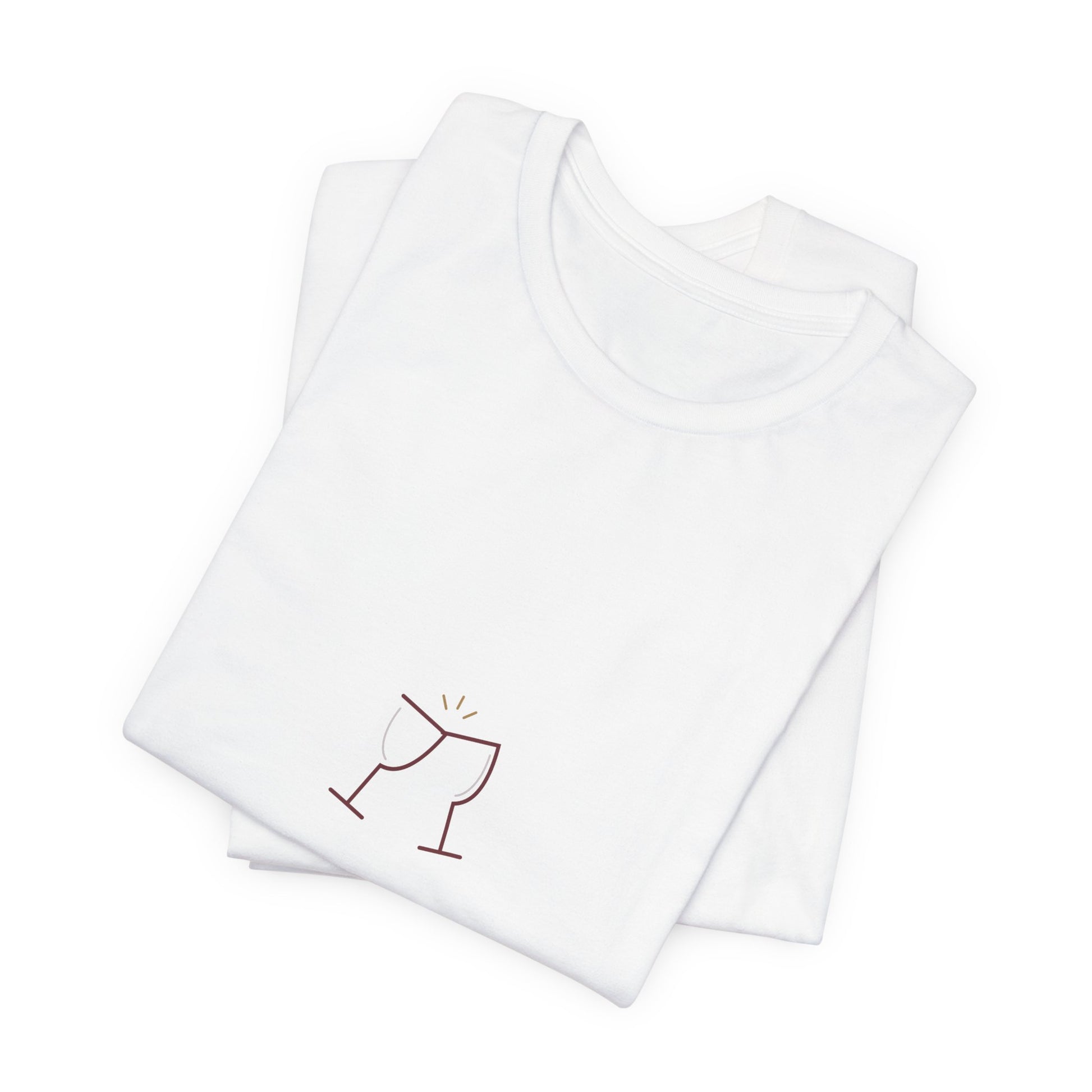 Folded white couple tee showing a close-up of the wine-colored Pour Decisions lettering