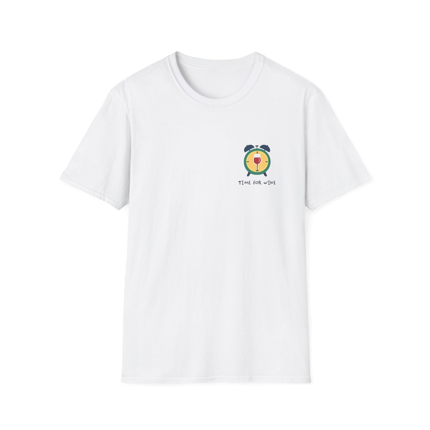 Time for Wine alarm clock badge with a red wine glass printed at the chest of a soft unisex tee