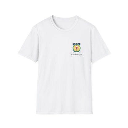 Time for Wine alarm clock badge with a red wine glass printed at the chest of a soft unisex tee