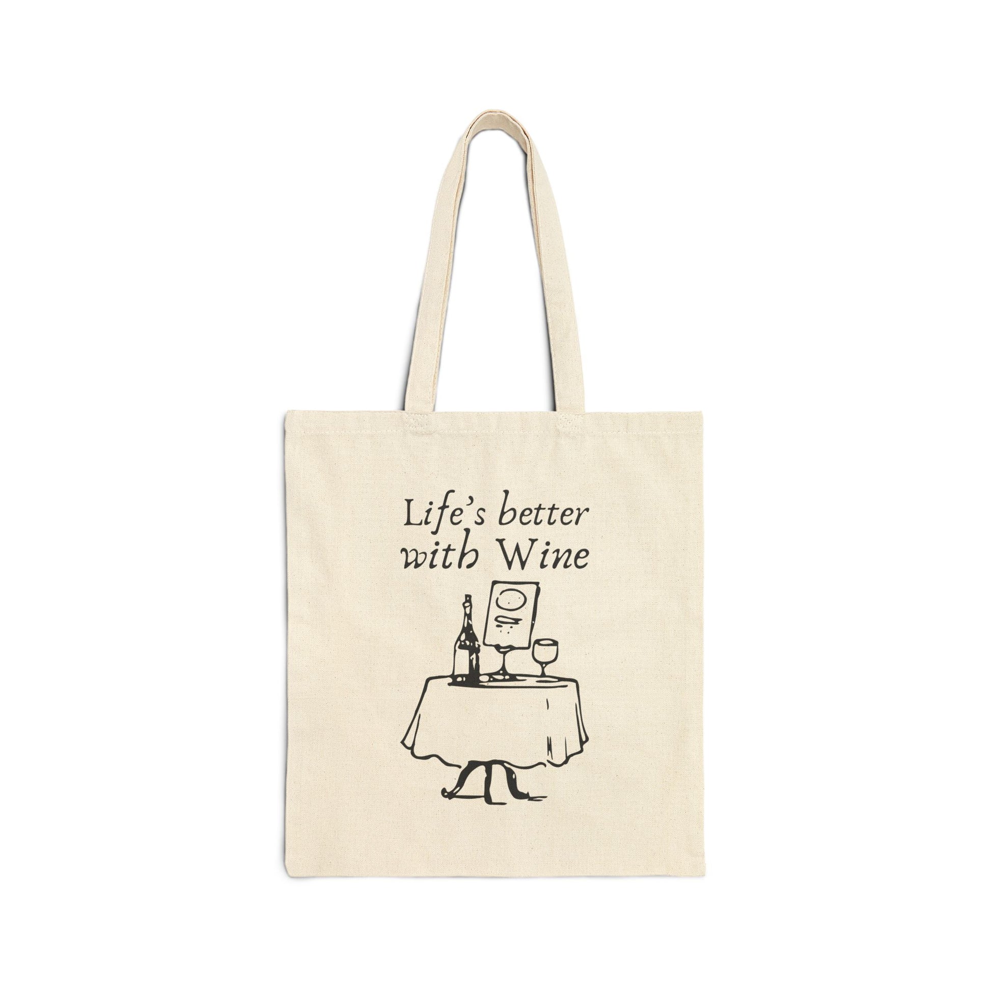 Life's Better with Wine bistro doodle printed on a natural canvas tote bag
