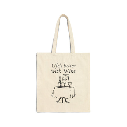 Life's Better with Wine bistro doodle printed on a natural canvas tote bag