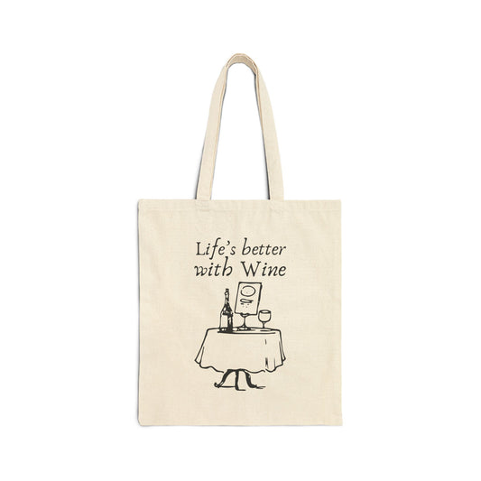 Life's Better with Wine bistro doodle printed on a natural canvas tote bag