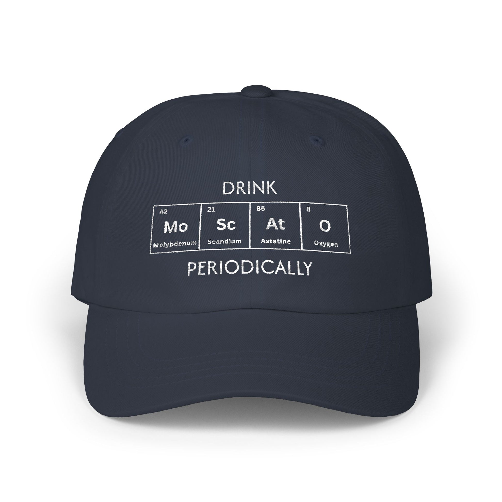 Drink Moscato Periodically periodic table design on a navy cotton classic cap
