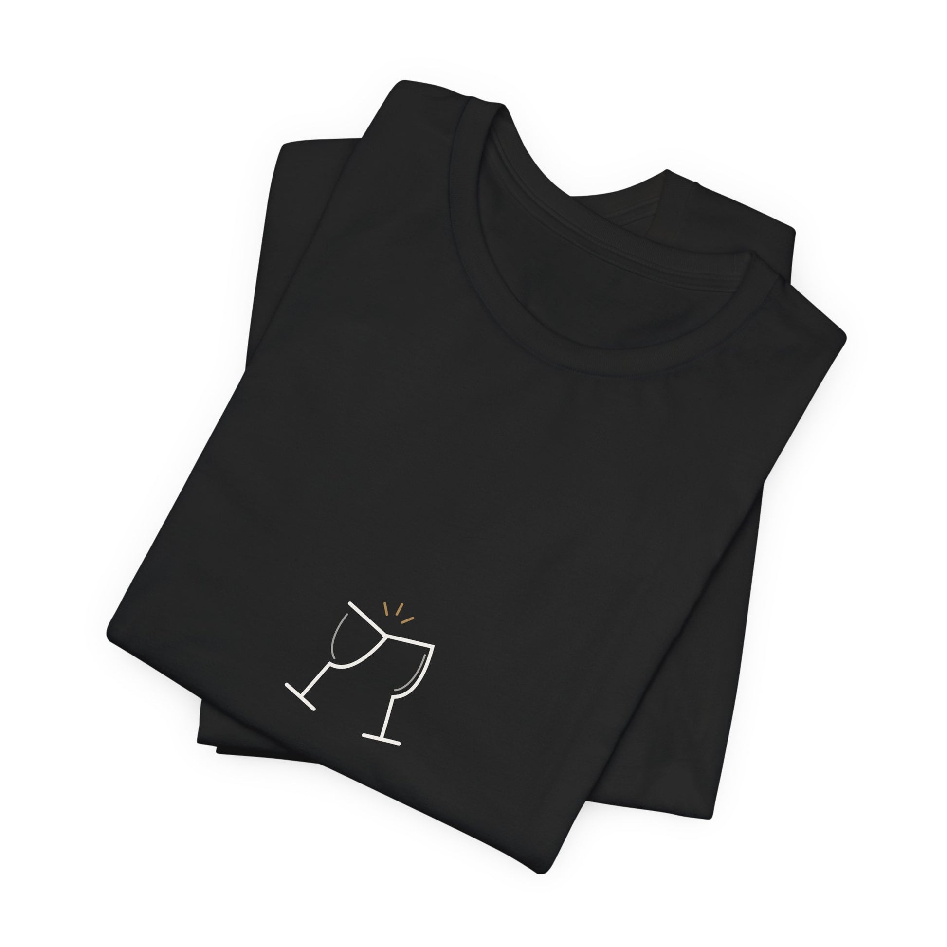 Folded black couple tee showing a close-up of the cream Pour Decisions lettering
