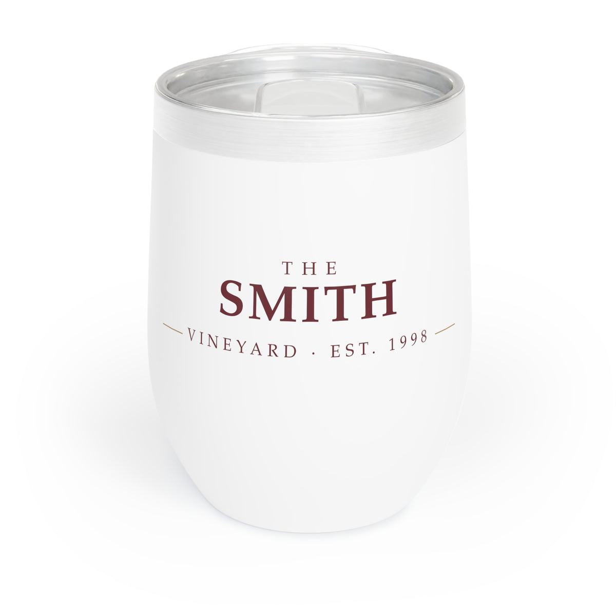 Personalized insulated wine tumbler with THE SMITH VINEYARD EST. 1998 in burgundy vineyard lettering, front view
