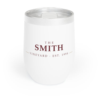 Personalized insulated wine tumbler with THE SMITH VINEYARD EST. 1998 in burgundy vineyard lettering, front view