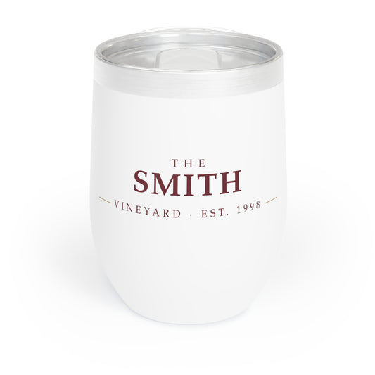 Personalized insulated wine tumbler with THE SMITH VINEYARD EST. 1998 in burgundy vineyard lettering, front view