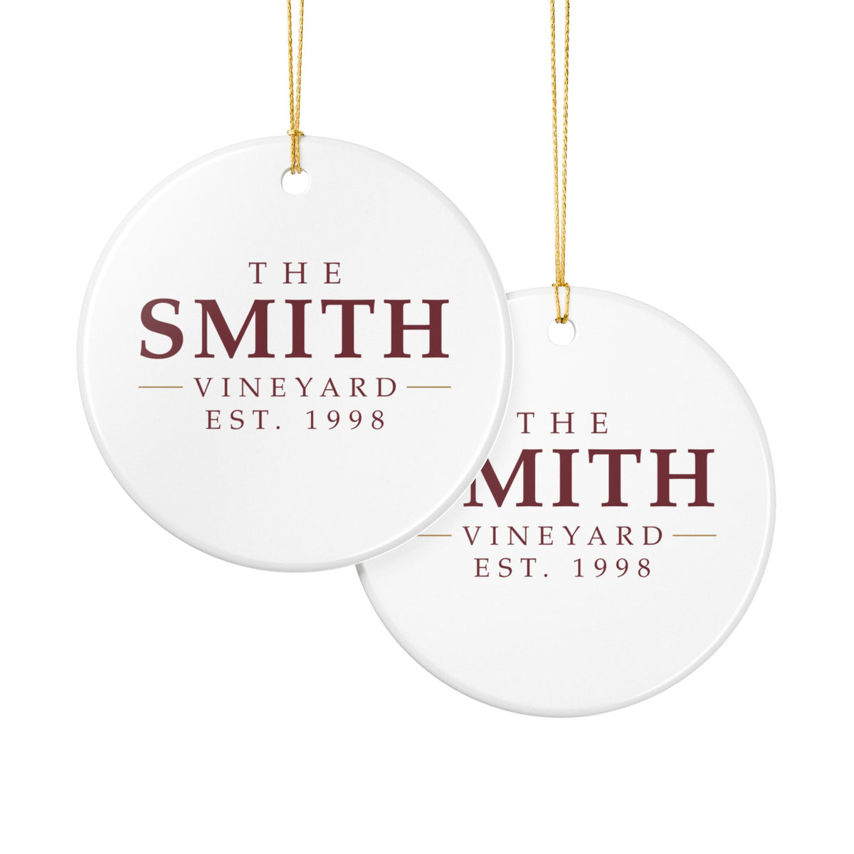 Front and back of the personalized wine ornament with gold hanging string
