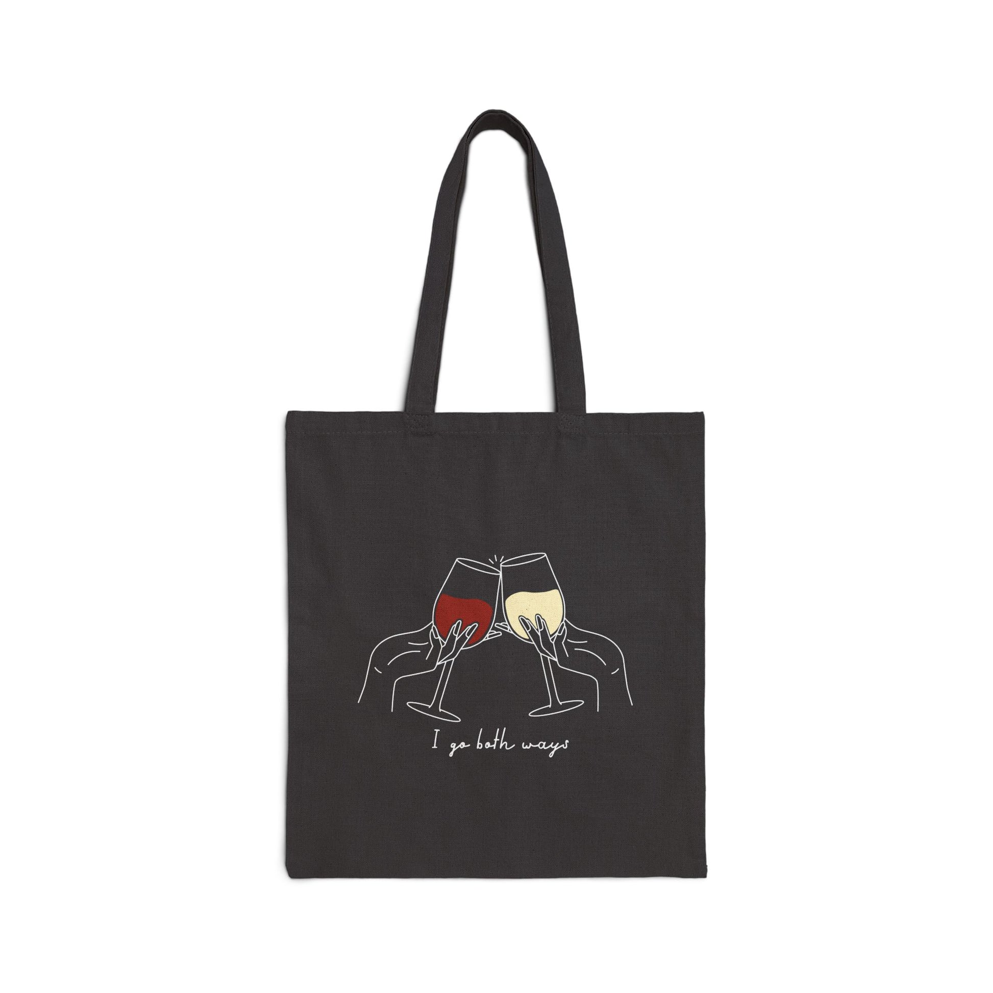 I Go Both Ways design with red and white wine glasses on a black canvas tote
