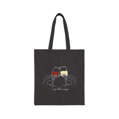 I Go Both Ways design with red and white wine glasses on a black canvas tote