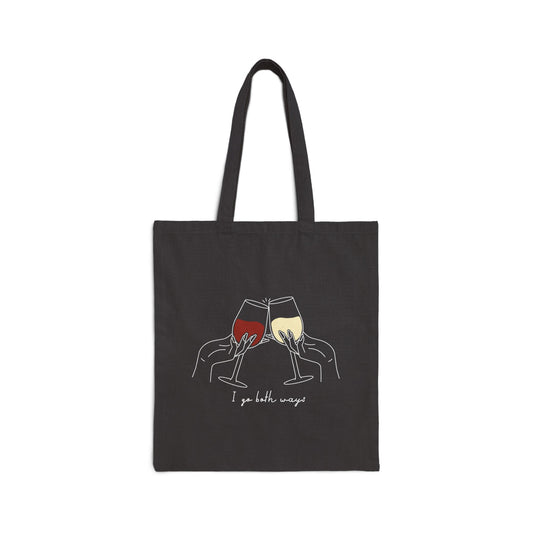 I Go Both Ways design with red and white wine glasses on a black canvas tote