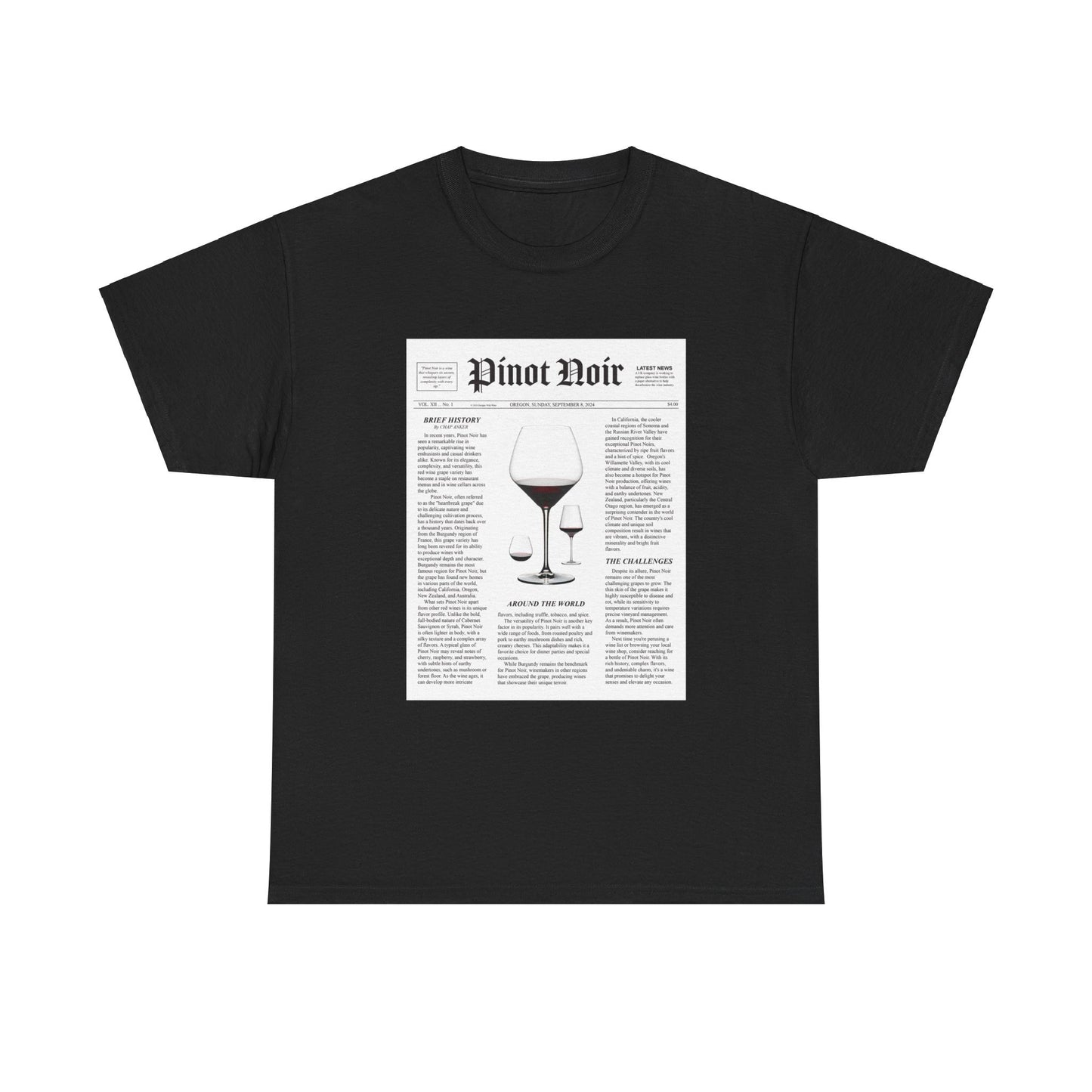 Pinot Noir News newspaper article layout design printed on a classic tee