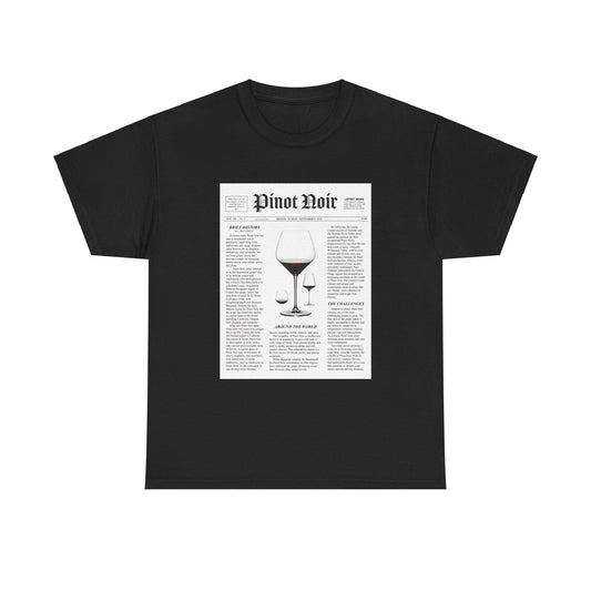 Pinot Noir News newspaper article layout design printed on a classic tee