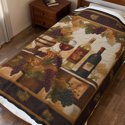 Quilted Vines plush blanket spread across a bed beside a wooden nightstand and hardwood floor