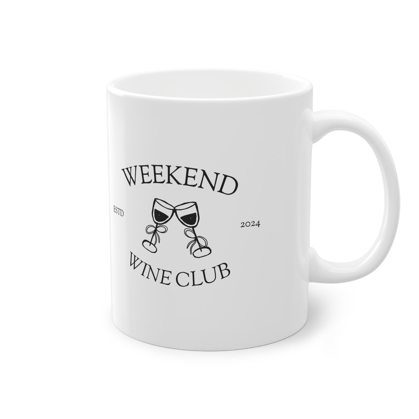 Weekend Wine Club logo design on a white 11oz ceramic mug with C-handle