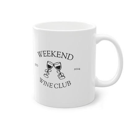 Weekend Wine Club logo design on a white 11oz ceramic mug with C-handle