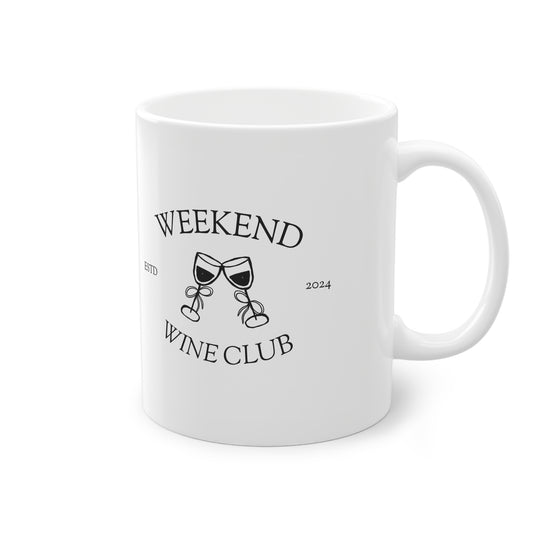 Weekend Wine Club logo design on a white 11oz ceramic mug with C-handle