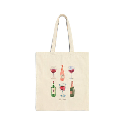 Life is Sweet watercolor wine glasses and bottles design on a natural canvas tote