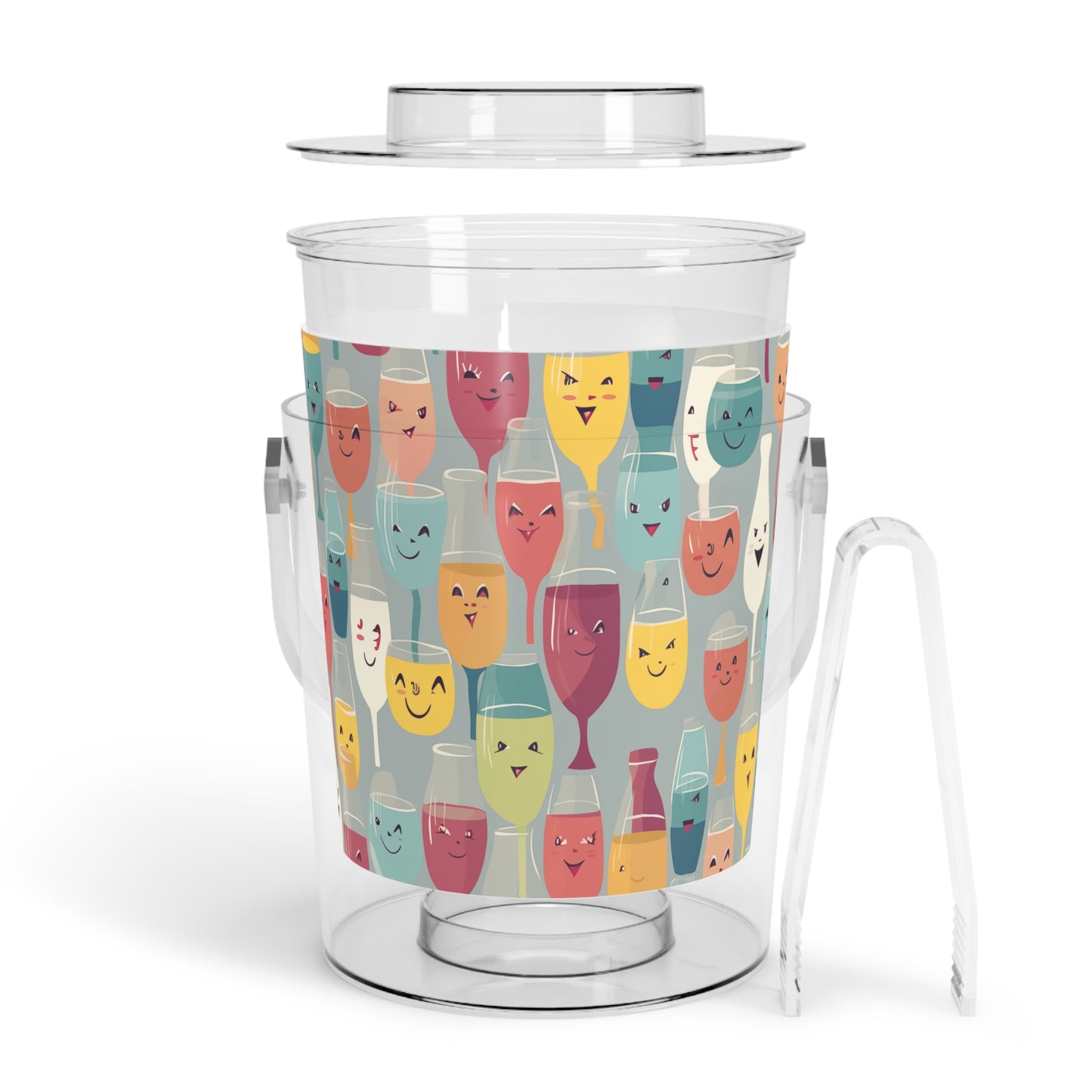 Clear acrylic ice bucket with lid and matching tongs, playful print