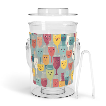 Clear acrylic ice bucket with lid and matching tongs, playful print
