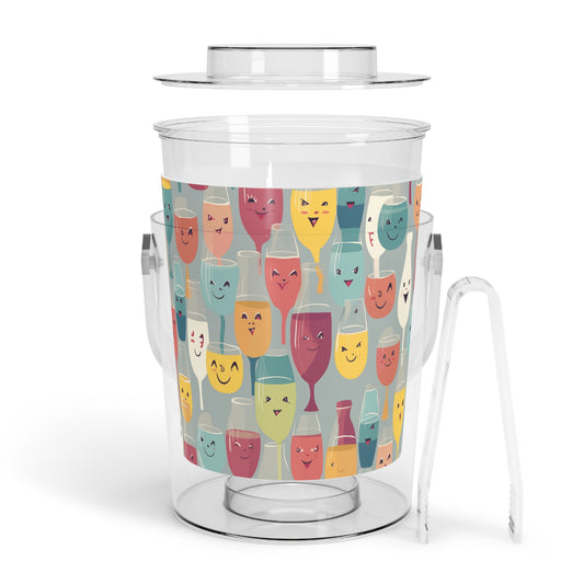 Clear acrylic ice bucket with lid and matching tongs, playful print