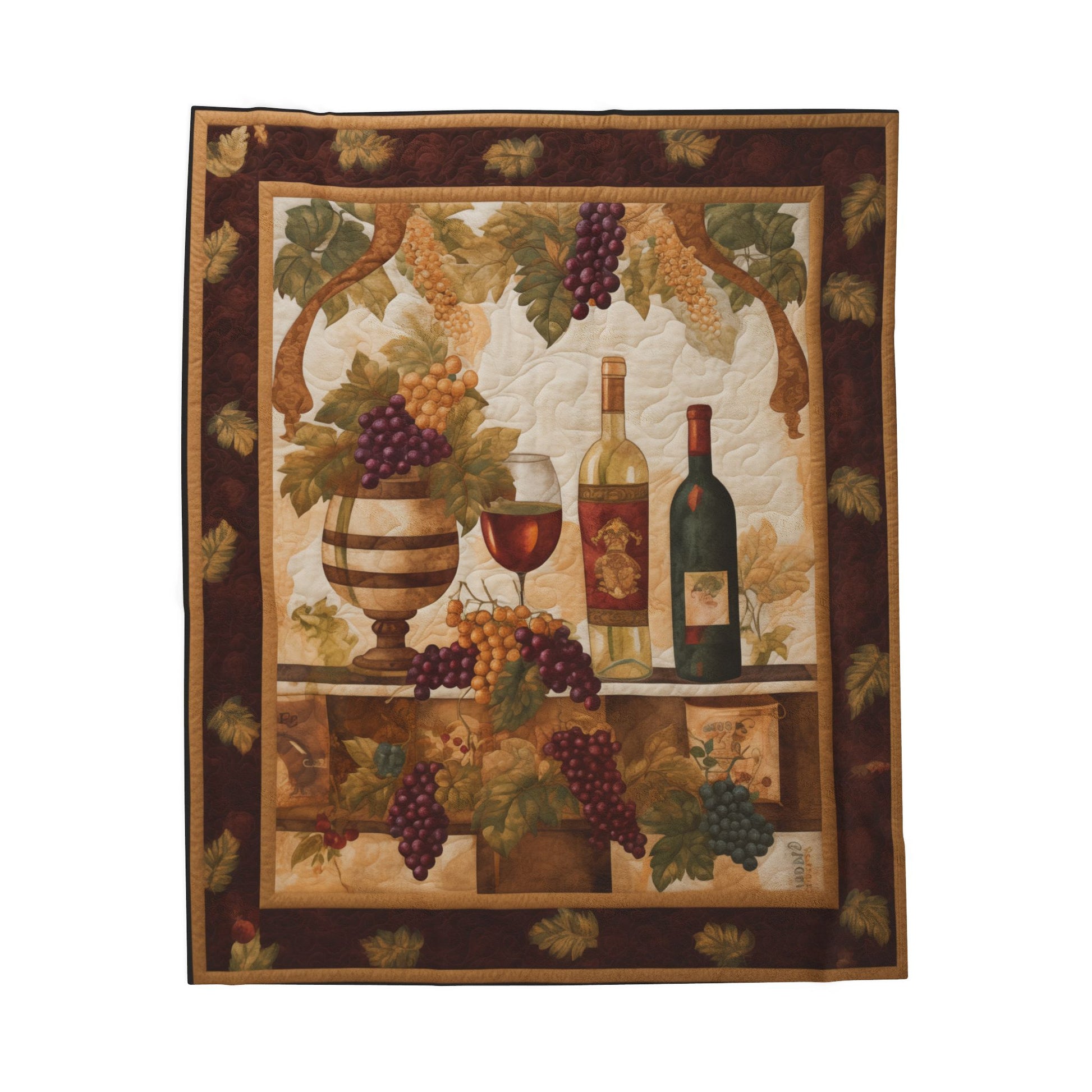 Quilted Vines plush blanket - wine bottles, grapes and vines quilt panel print, flat front view