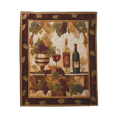 Quilted Vines plush blanket - wine bottles, grapes and vines quilt panel print, flat front view