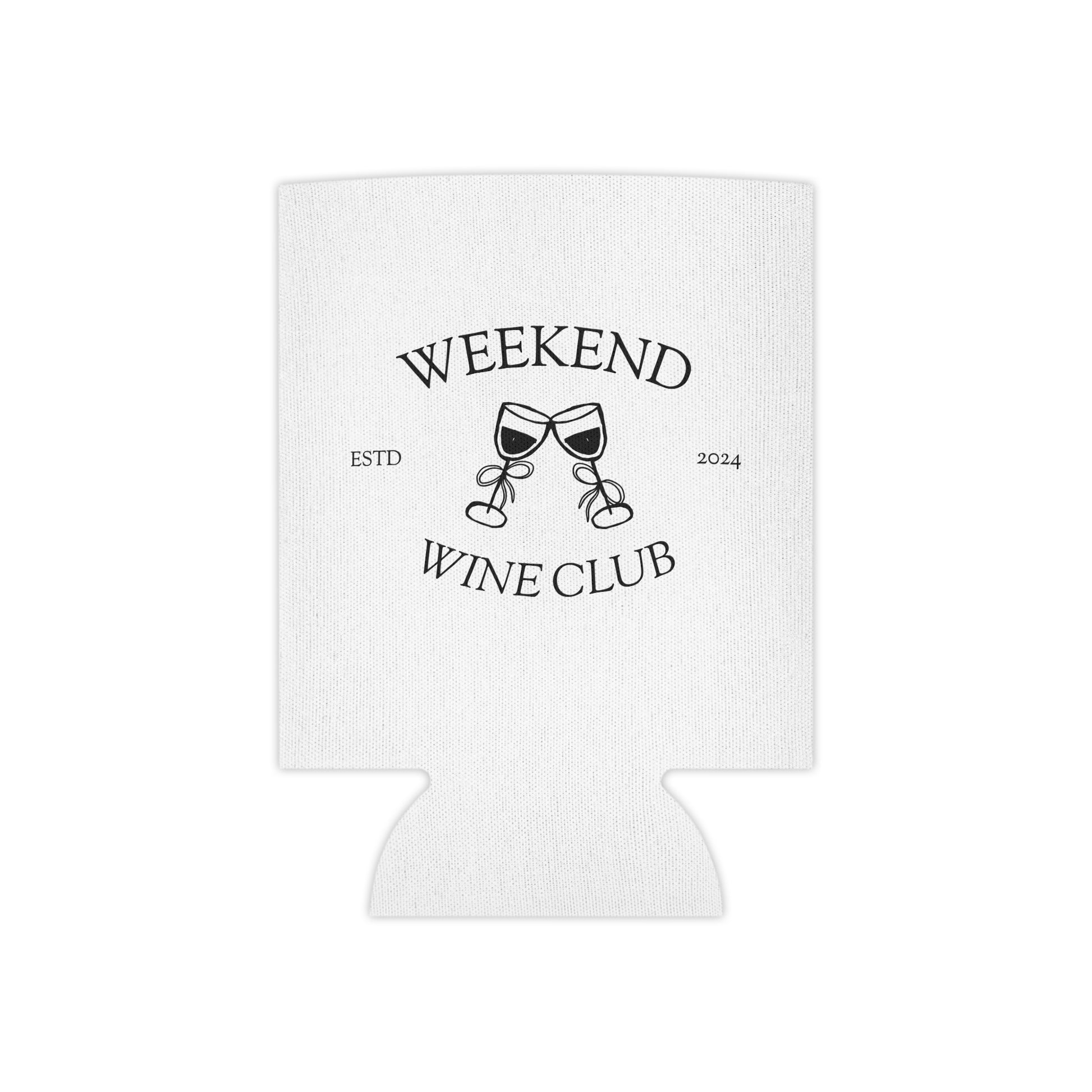Weekend Wine Club logo on a fabric can cooler with foam liner