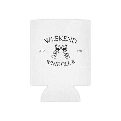 Weekend Wine Club logo on a fabric can cooler with foam liner