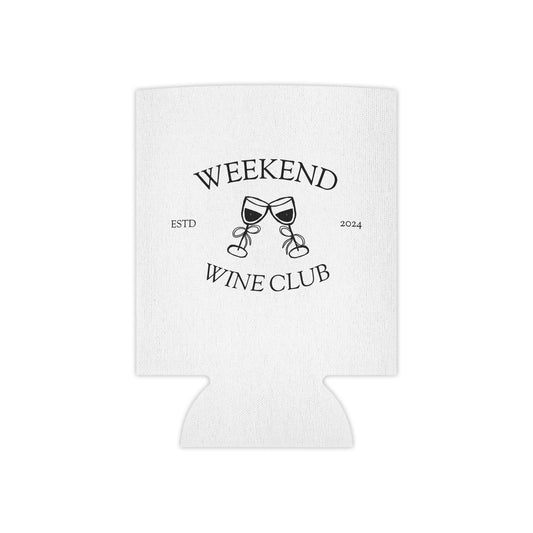 Weekend Wine Club logo on a fabric can cooler with foam liner