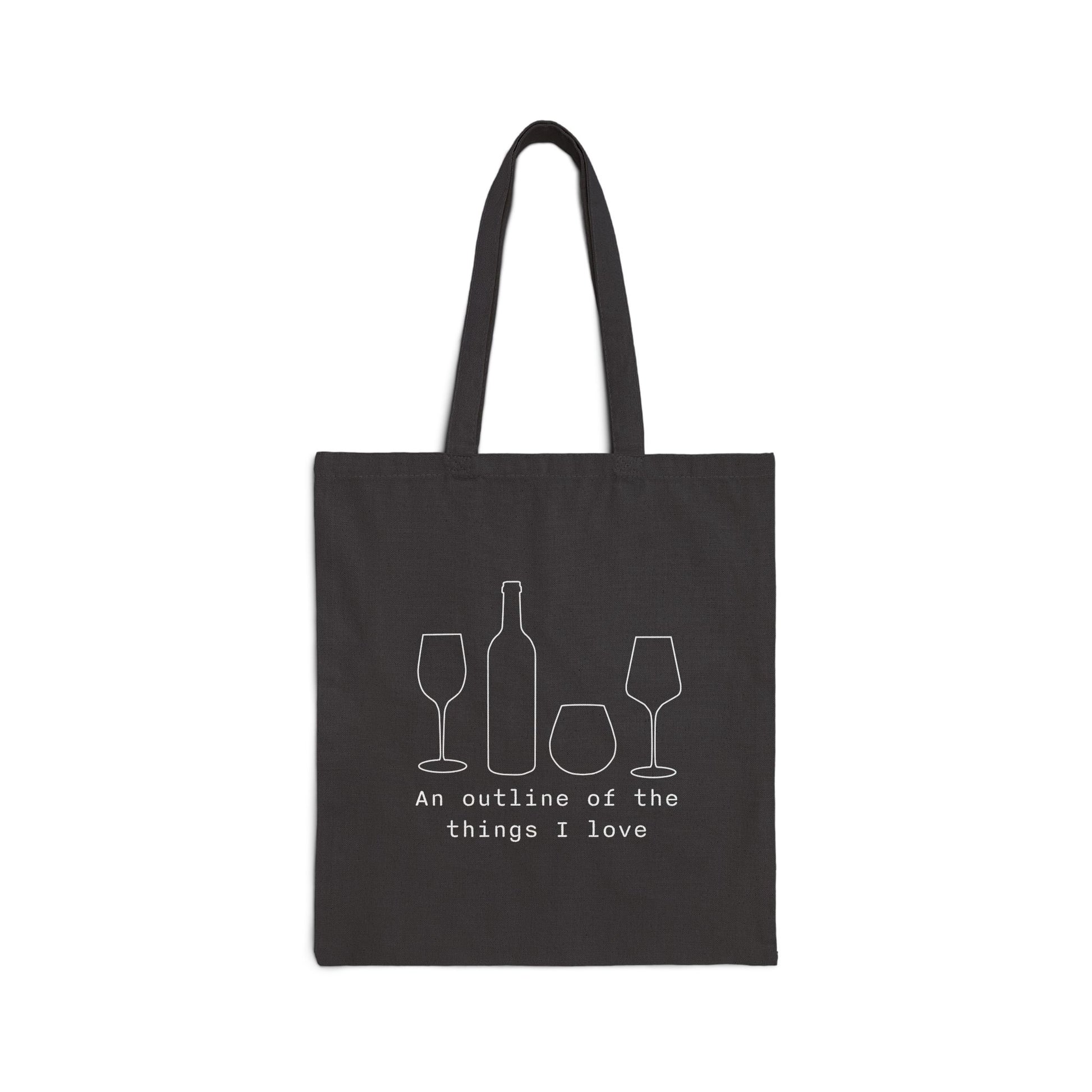Things I Love minimal line art of wine bottle and glasses on a black canvas tote