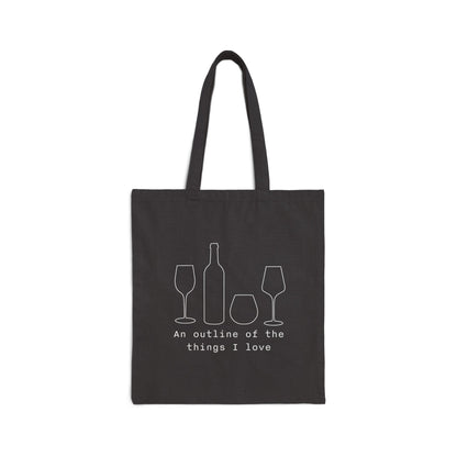 Things I Love minimal line art of wine bottle and glasses on a black canvas tote