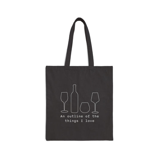 Things I Love minimal line art of wine bottle and glasses on a black canvas tote