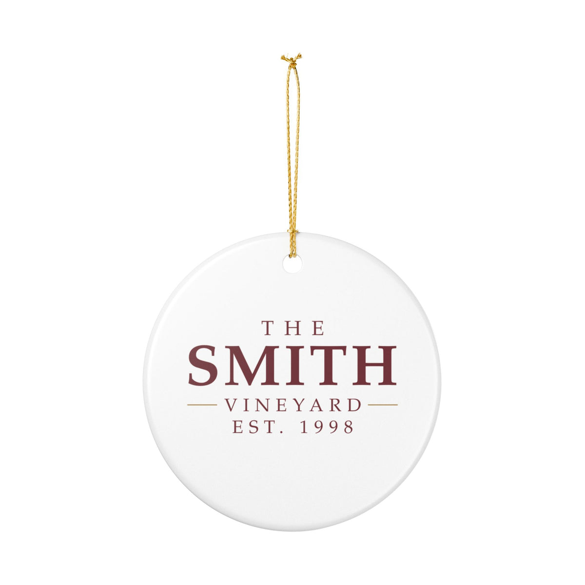 Personalized vineyard name ornament, back view showing the same lettering