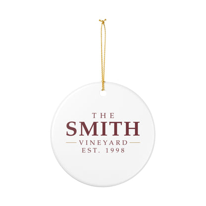 Personalized vineyard name ornament, back view showing the same lettering