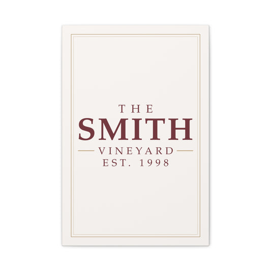 The [Your Name] Vineyard personalized canvas wall art with a custom family name — front