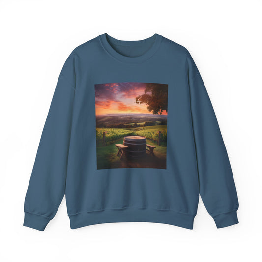 Scenic sunset vineyard artwork on a crewneck sweatshirt