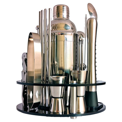 30 piece stainless steel bartender kit arranged on a rotating stand