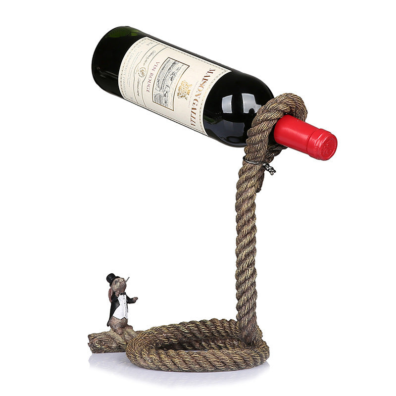 Resin rope sculpture suspending a wine bottle in mid-air