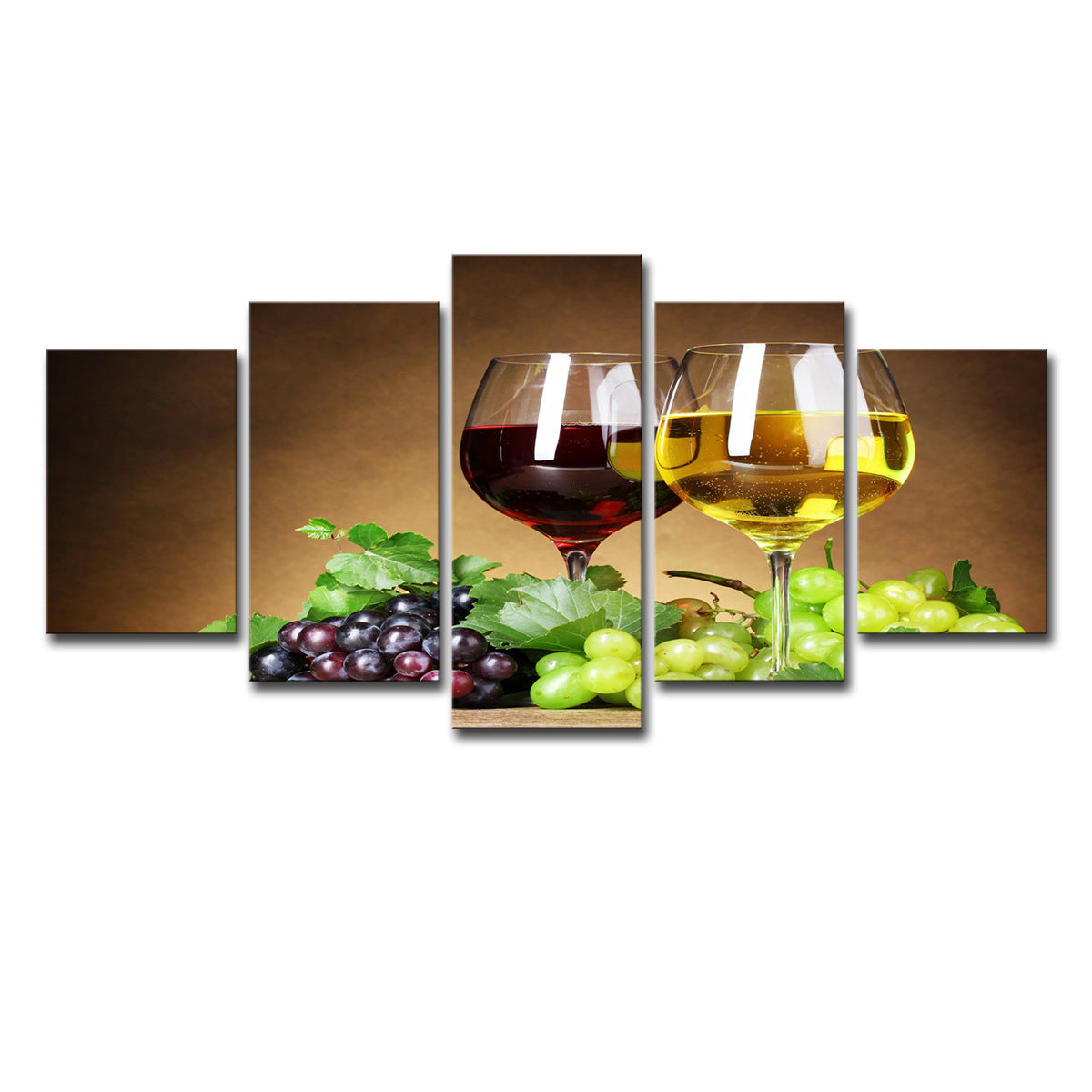 Five panel wine cellar canvas wall art set with grapes, bottles, and glasses