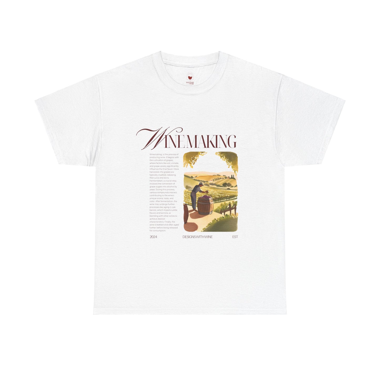 Winemaking vintage editorial masthead design with watercolor vineyard scene on a premium tee