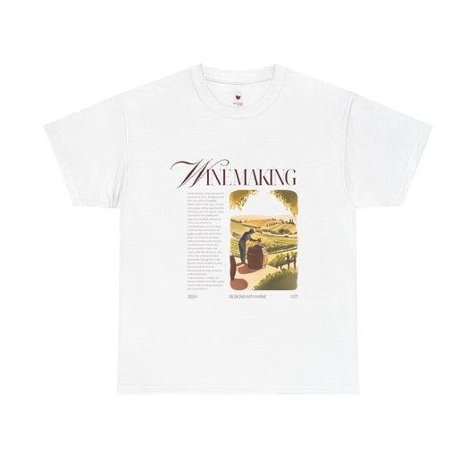Winemaking vintage editorial masthead design with watercolor vineyard scene on a premium tee