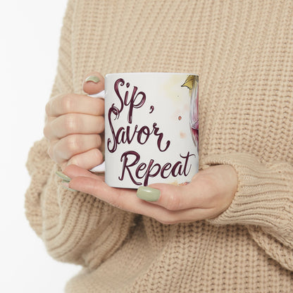 Sip Savor Repeat wine saying printed on a glossy white 11oz ceramic mug