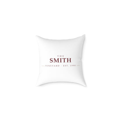 The [Your Name] Vineyard personalized throw pillow with a custom family name — lifestyle